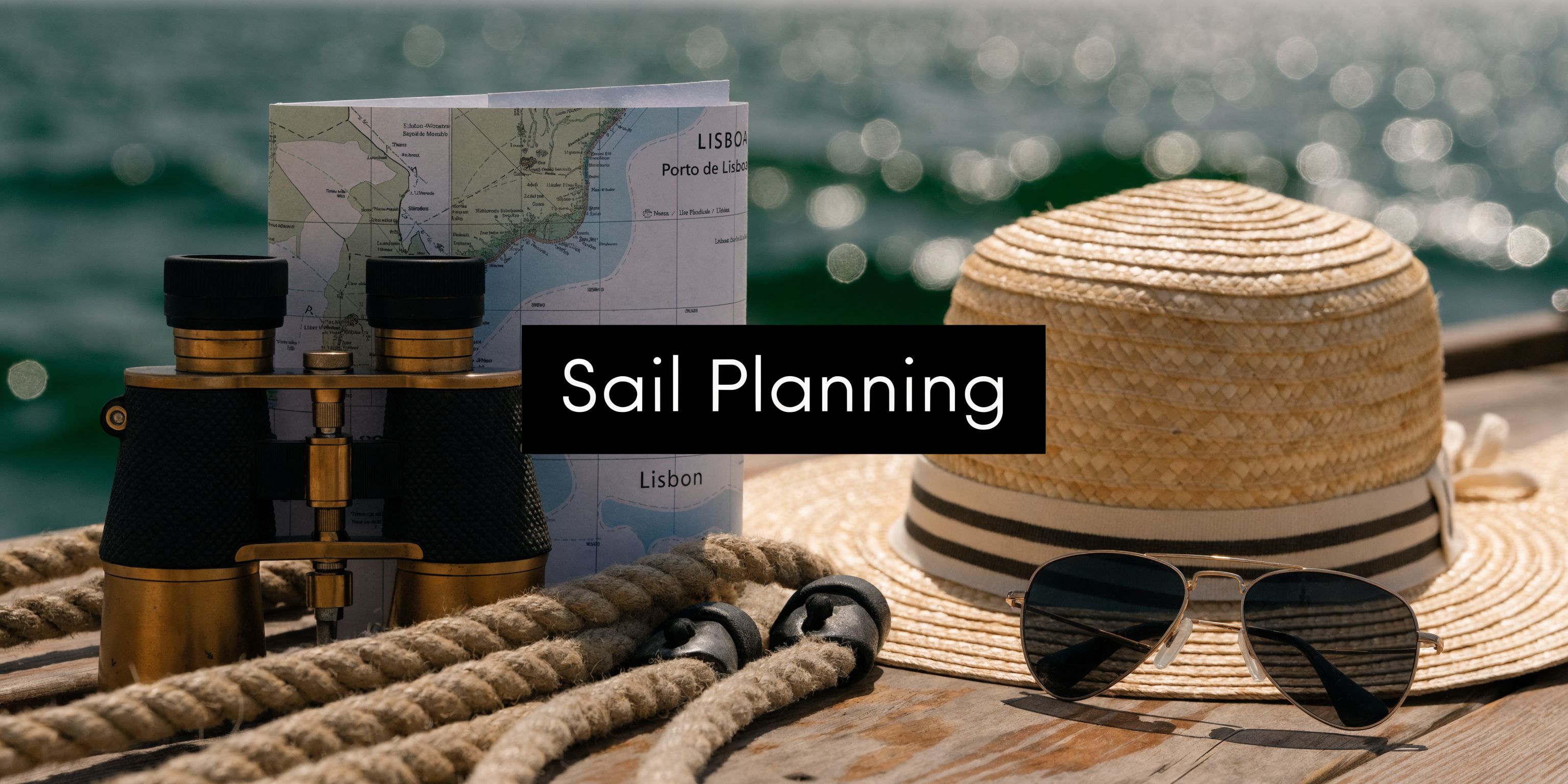 A pair of vintage binoculars, a nautical rope, sunglasses, and a map of Lisbon on a wooden dock.