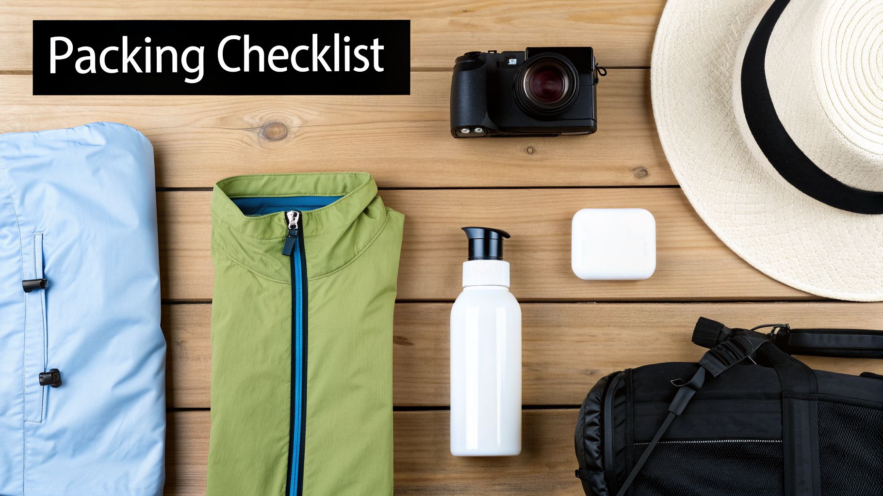 A flat lay of travel essentials on a wooden table, featuring clothes, camera, hat, and toiletries.