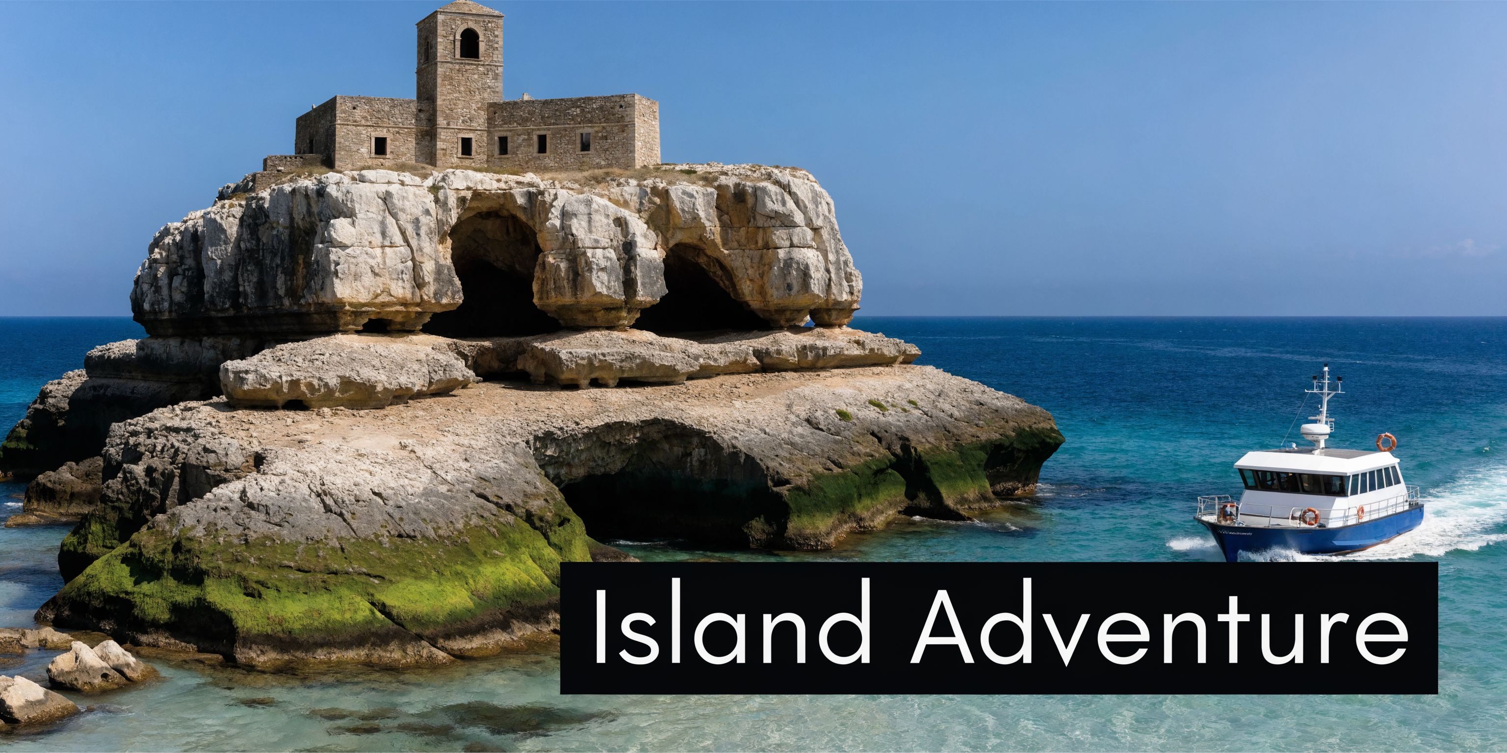A scenic view of a historical stone building atop a rocky island with a motorboat sailing nearby.