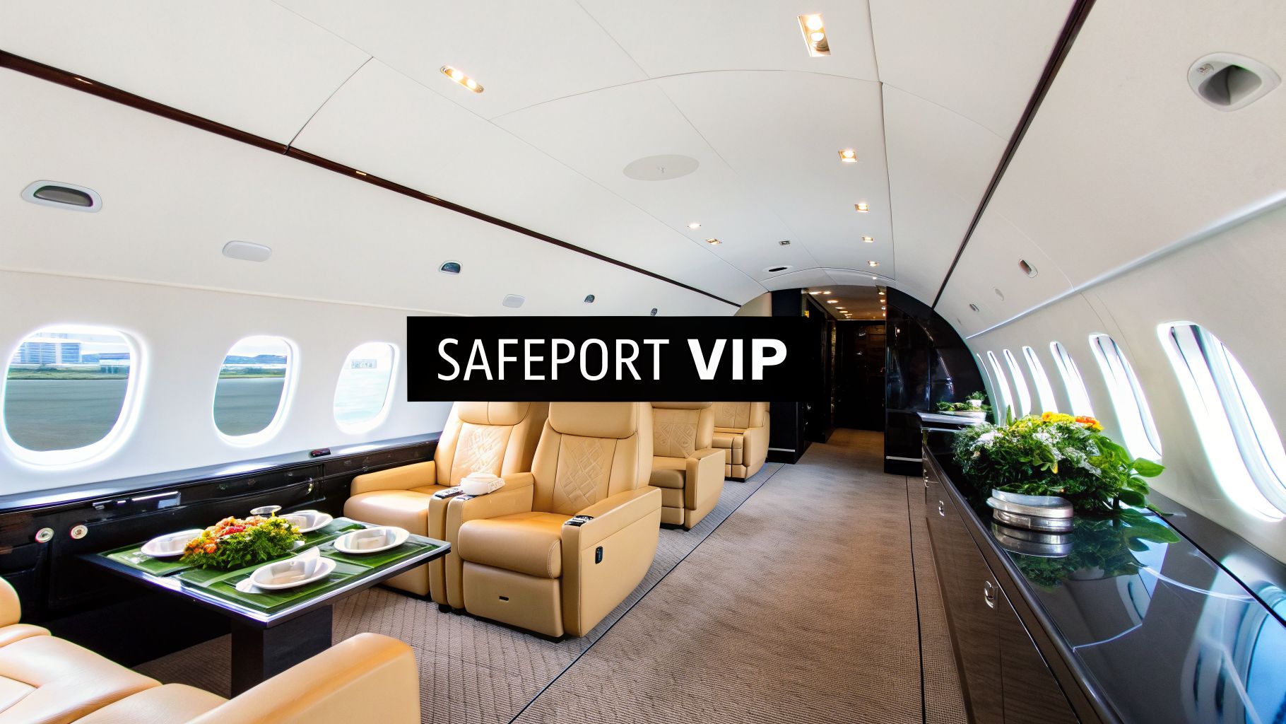 Inside a SAFEPORT VIP private jet showing comfortable leather seats, a set dining table, and scenic windows.