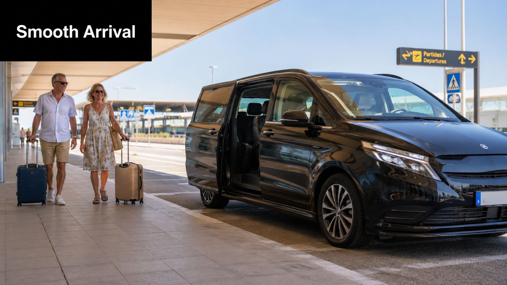 A smiling couple walking with their luggage towards a luxury black minivan at an airport terminal.