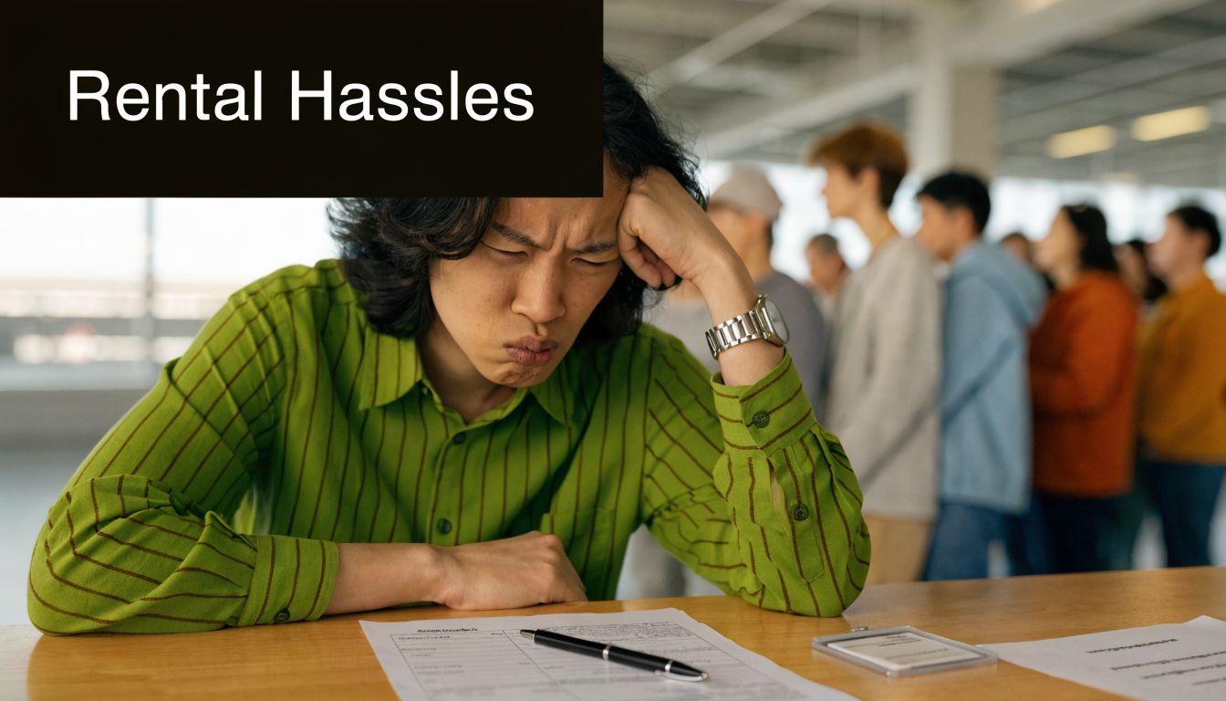 A frustrated person sitting at a table with a rental application form while a queue waits behind.