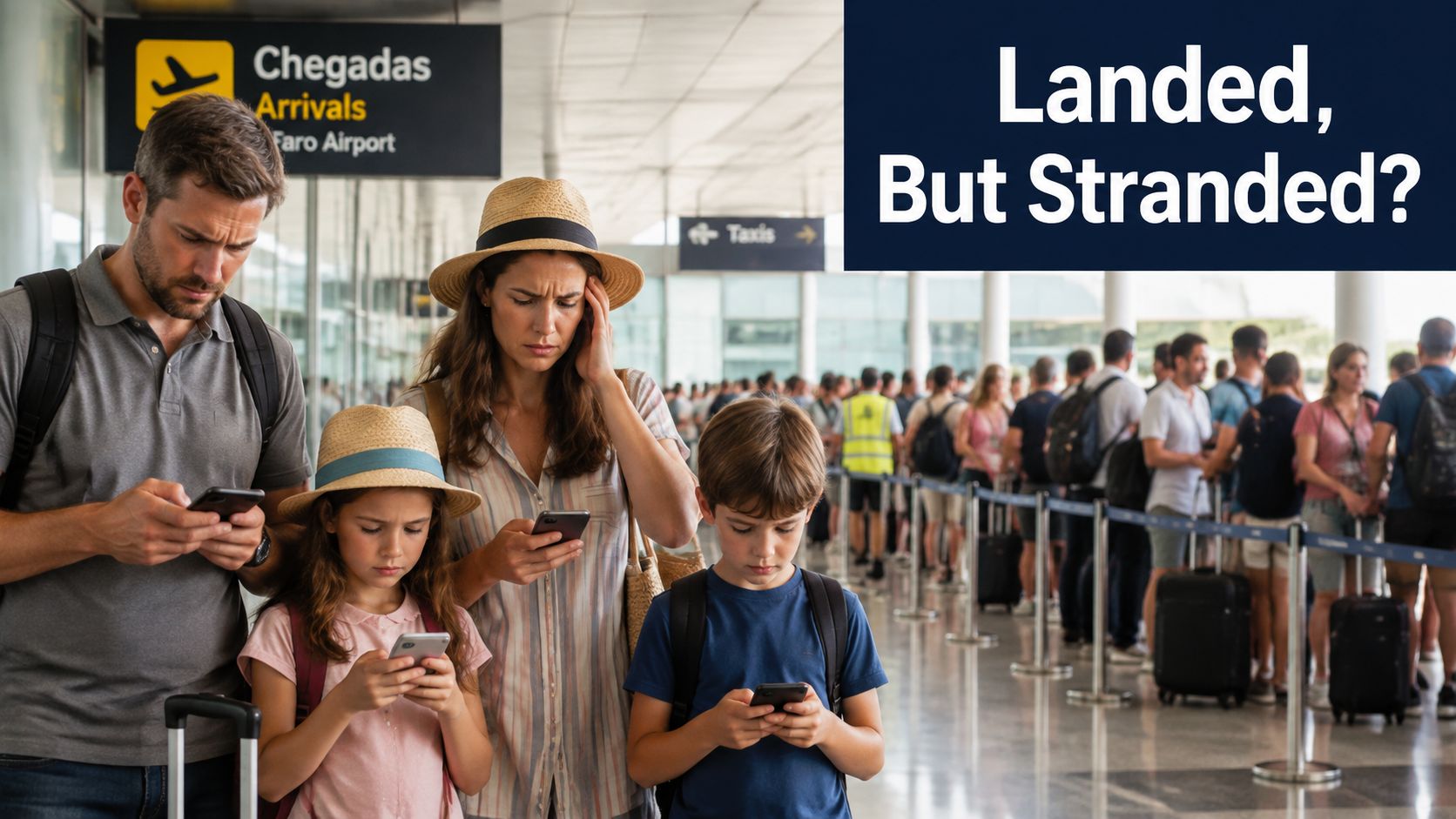 A family looks distressed while using their phones at an airport arrivals hall in Faro, Portugal.