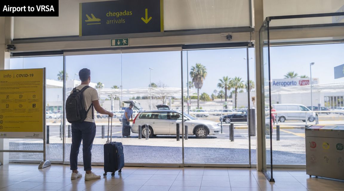 A traveler with a suitcase and backpack standing at the arrivals exit of Faro Airport in Portugal.