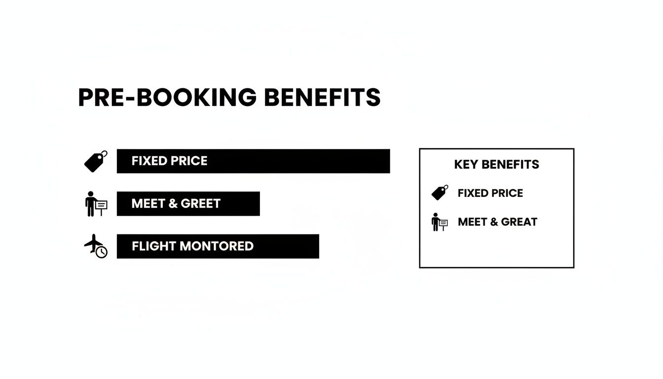 An infographic detailing pre-booking benefits, including fixed price, meet and greet, and flight monitored services.
