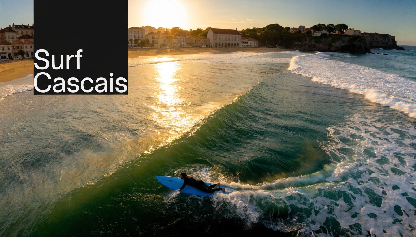 A surfer paddles on a blue surfboard towards a wave at sunset near Cascais beach in Portugal.