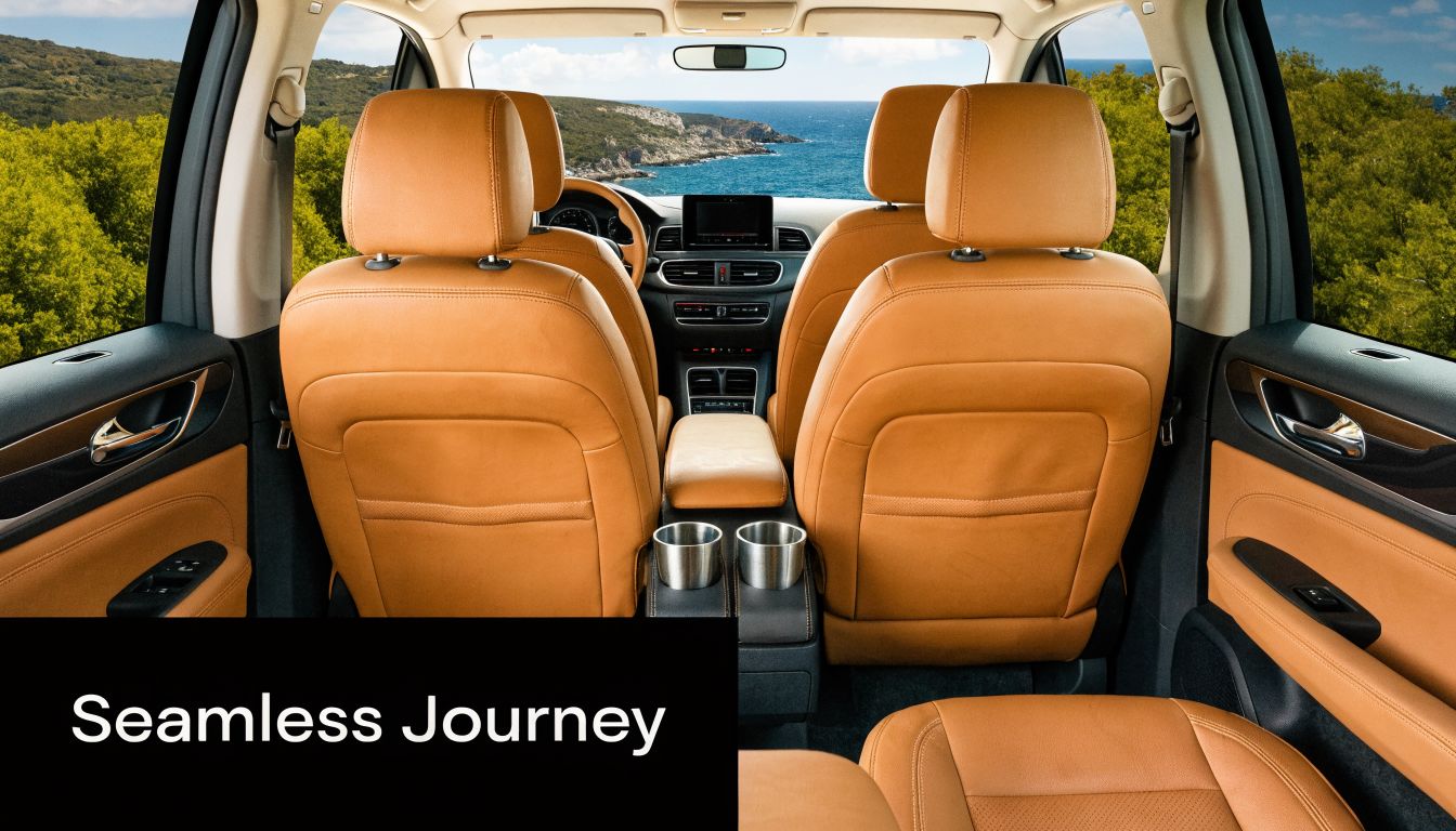 The interior of a luxury car featuring tan leather seats and a scenic view of the ocean.