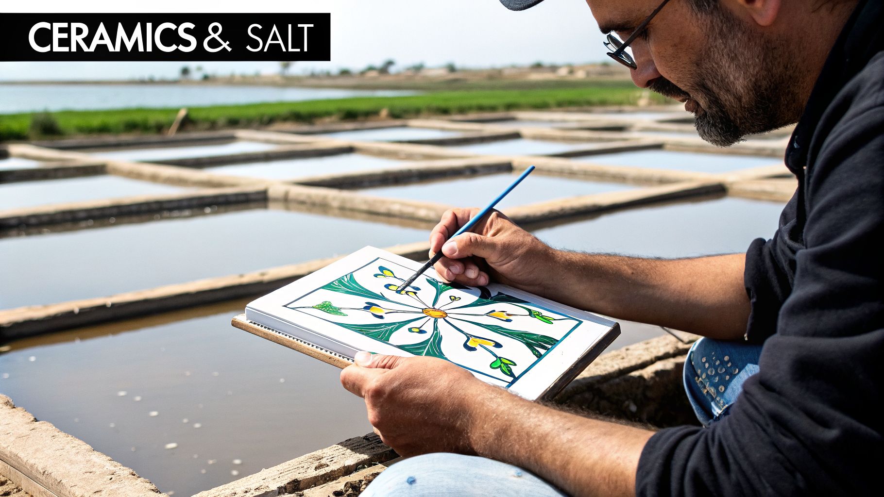 A man paints an intricate, colorful ceramic-style design in a notebook, sitting beside salt pans.