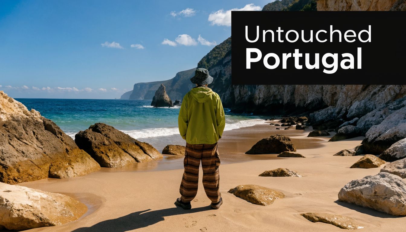 A person in a lime jacket and patterned pants standing on a sandy beach in Portugal.