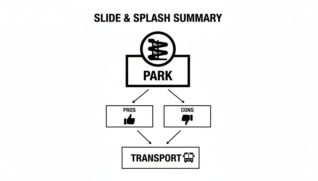 A flowchart titled 'Slide & Splash Summary' details park pros, cons, and transport with relevant icons.