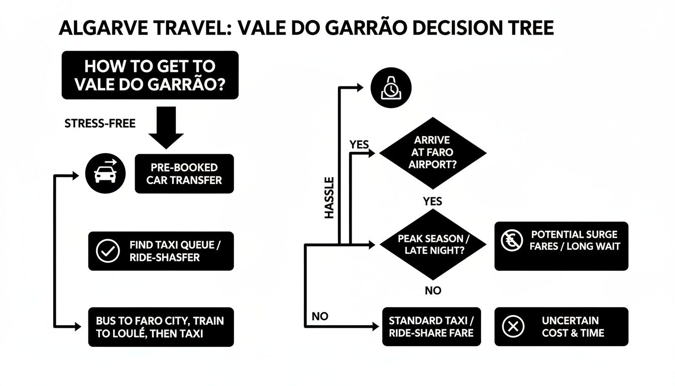 Decision tree outlining stress-free and hassle travel options to Vale do Garrão, Portugal.