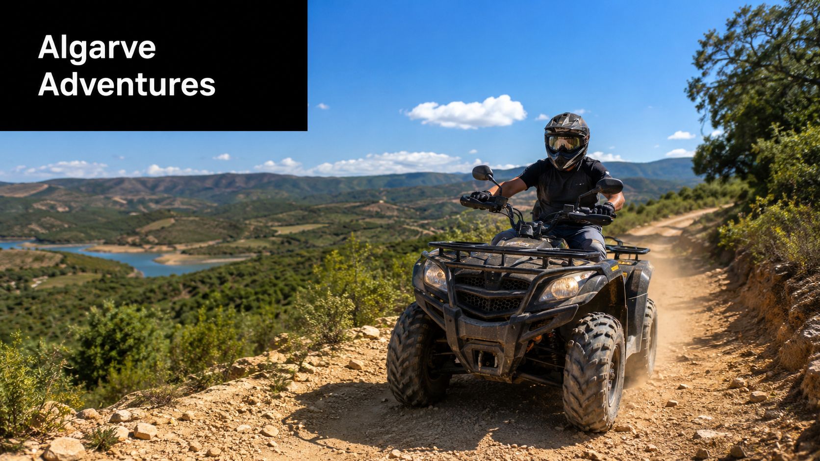 A person riding a black all-terrain vehicle on a dirt path in the Algarve mountains.