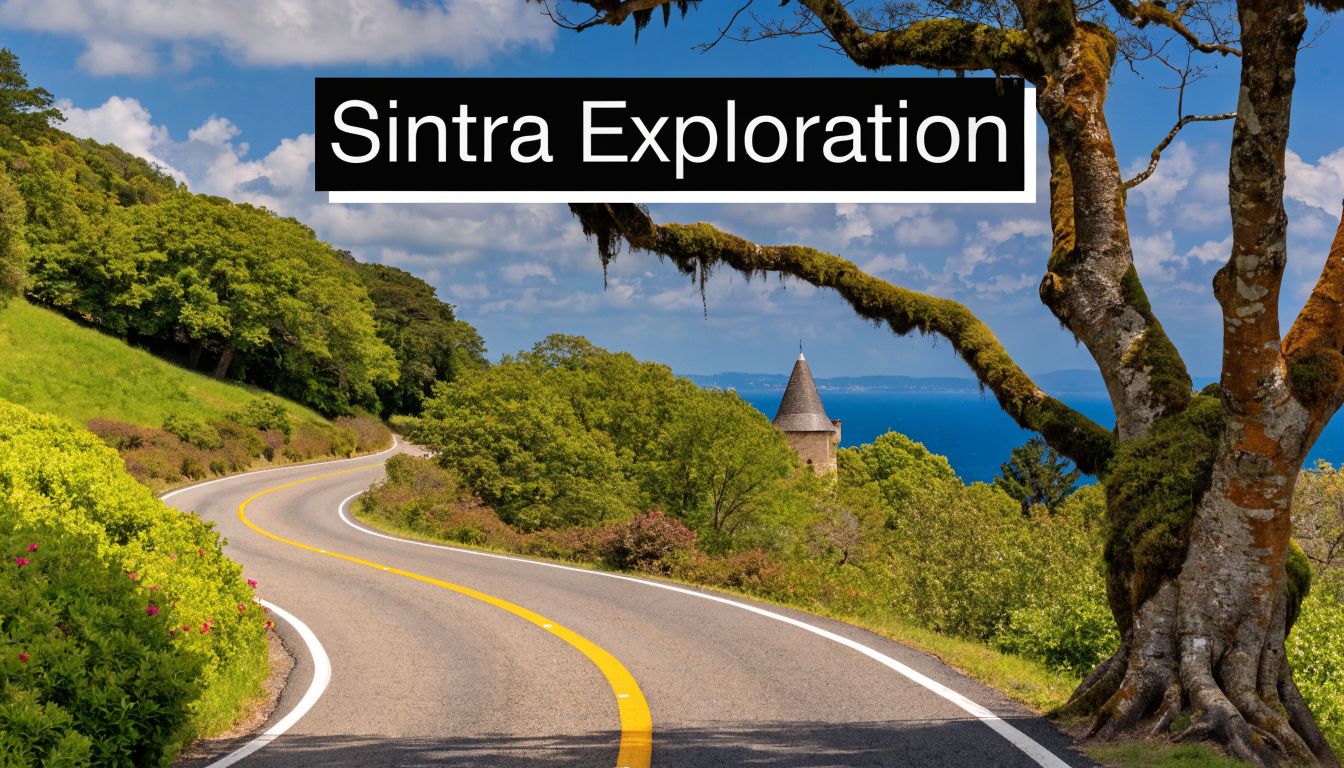 A scenic winding road through lush greenery leading towards a distant stone tower overlooking the sea.
