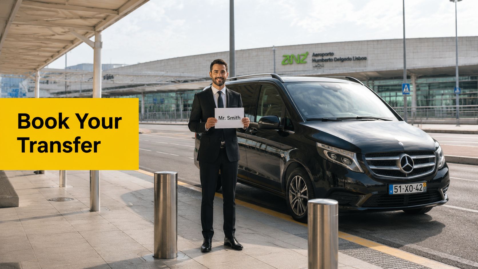 A professional chauffeur holding a Mr. Smith sign stands by a black luxury van at Lisbon Airport.
