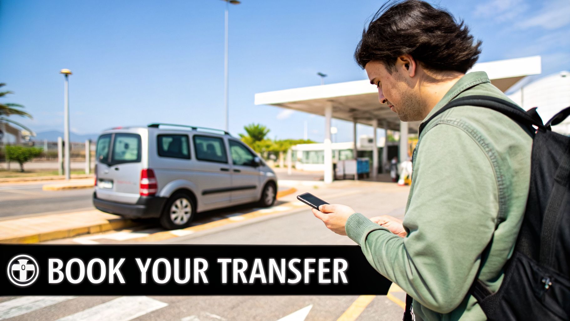 A man with a backpack using his smartphone to book a transfer service at an outdoor station.