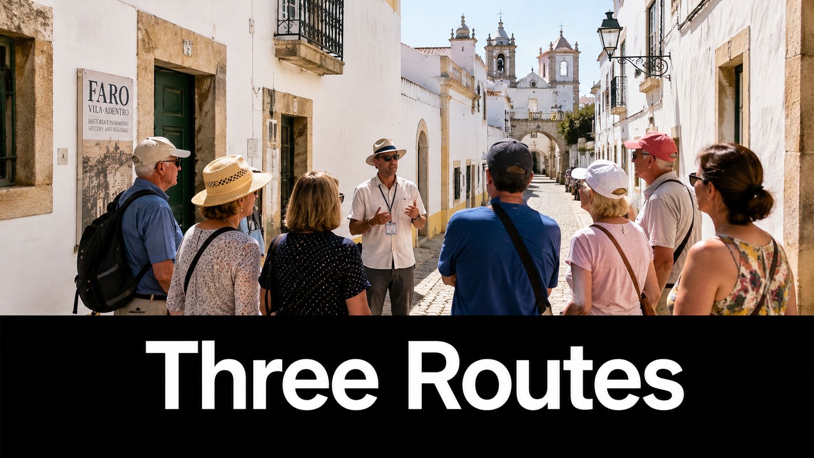 A professional tour guide leads a group of tourists through the historic narrow streets of Faro, Portugal.