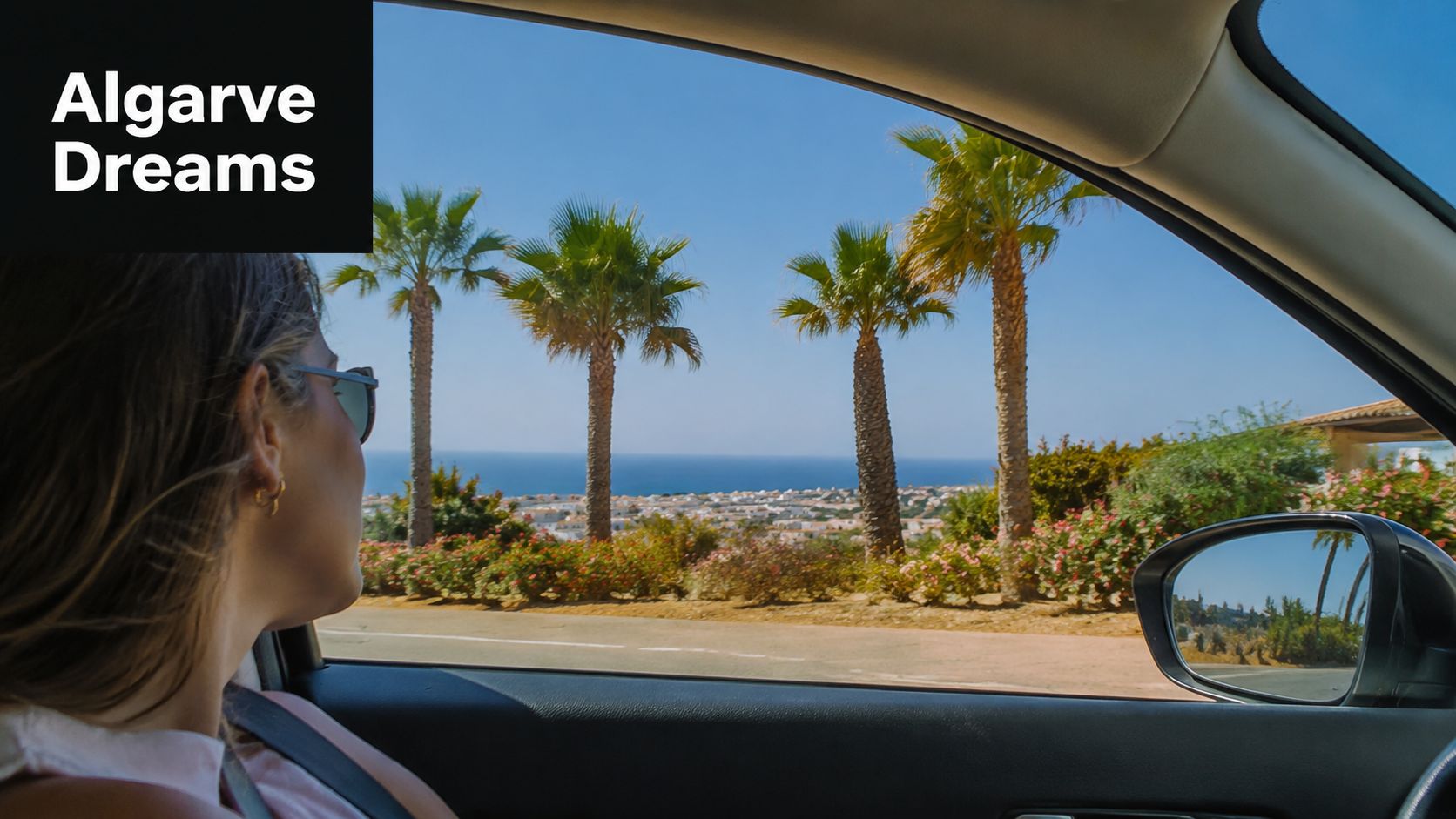 A woman looks out from a car window at a sunny coastal view with palm trees.