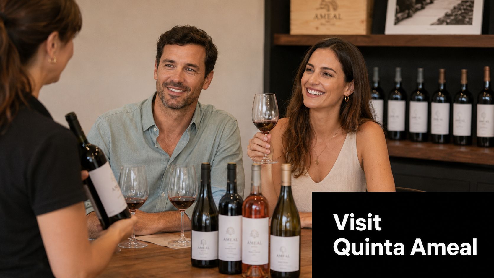 A woman presents a bottle of wine to a smiling couple during a wine tasting at Quinta Ameal.