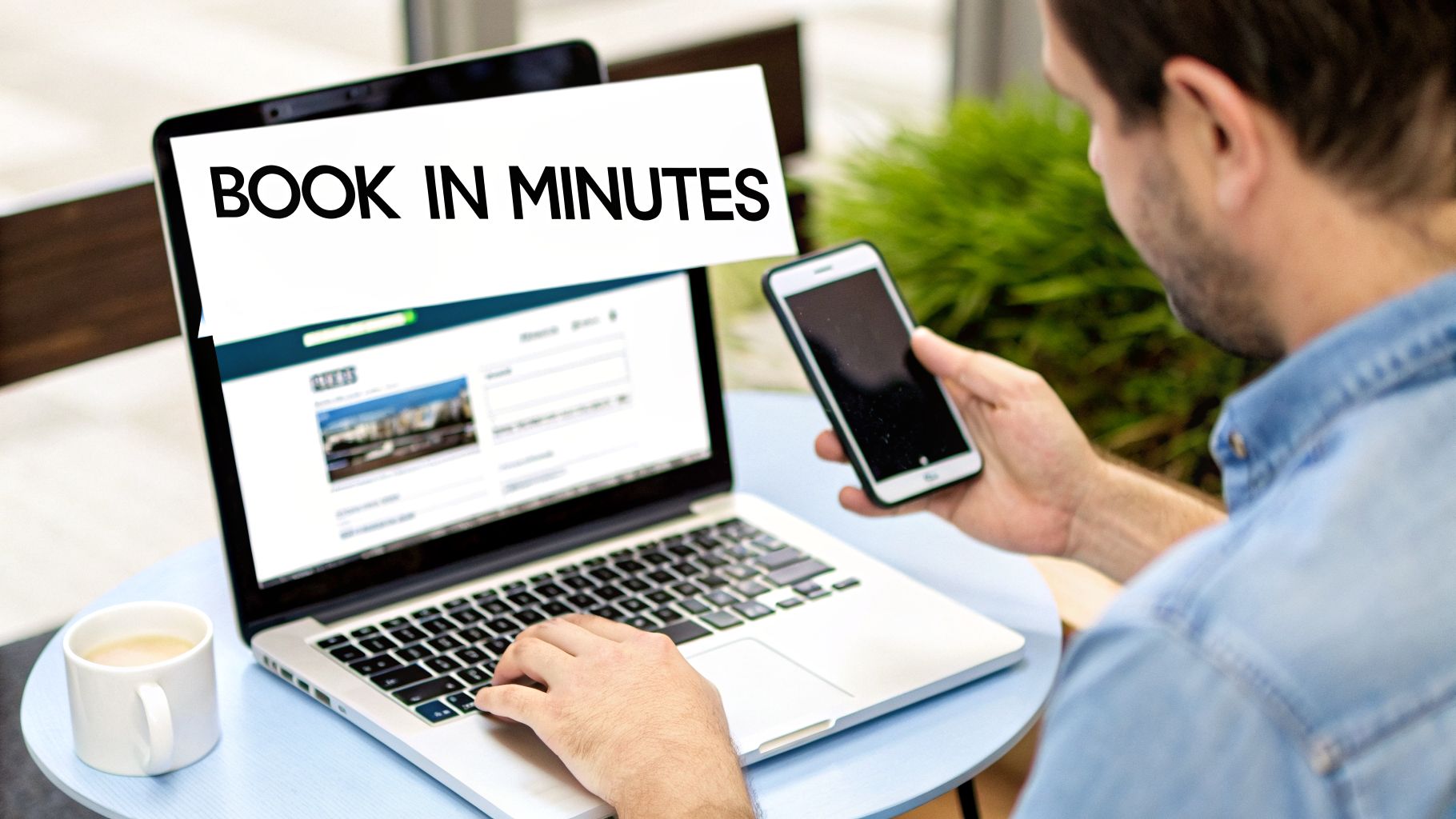 A man quickly books travel online using a laptop and smartphone, with 'Book in Minutes' on screen.