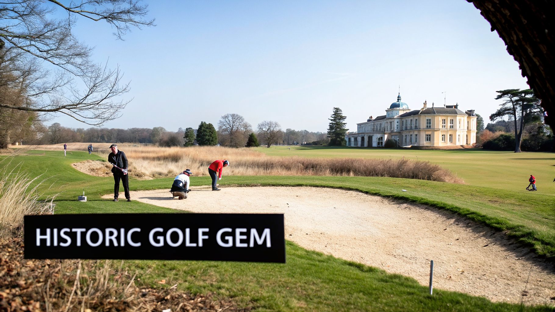 Golfers play on a sunny historic golf course with a grand building and sand bunker.