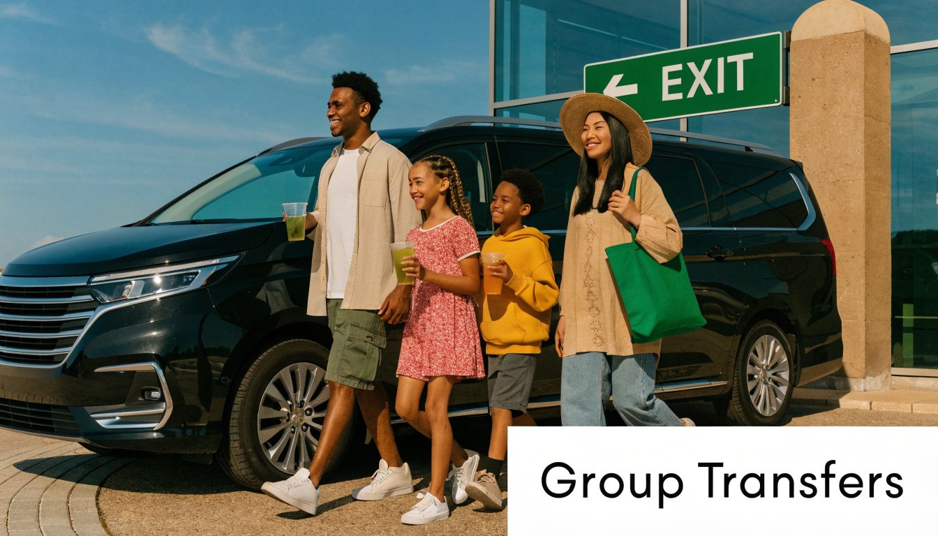 A happy family of four walking toward a black car near an airport exit sign.
