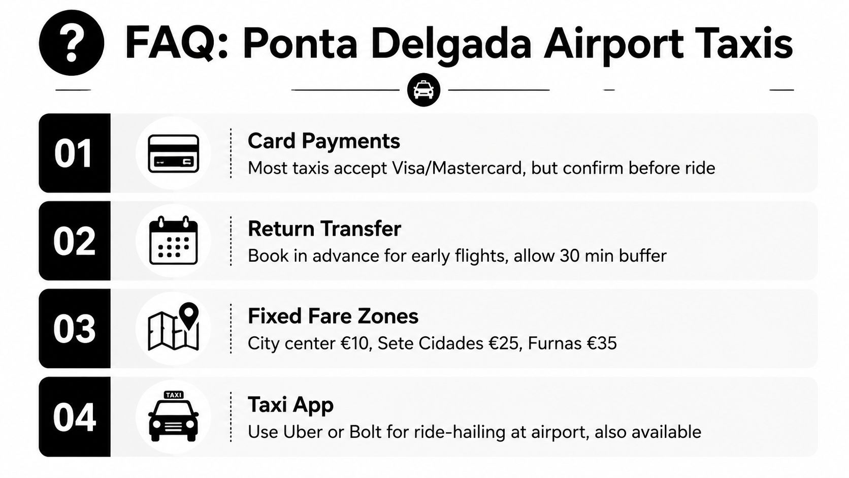 Informational guide for travelers about taxi services at Ponta Delgada Airport including payments, bookings, and fares.