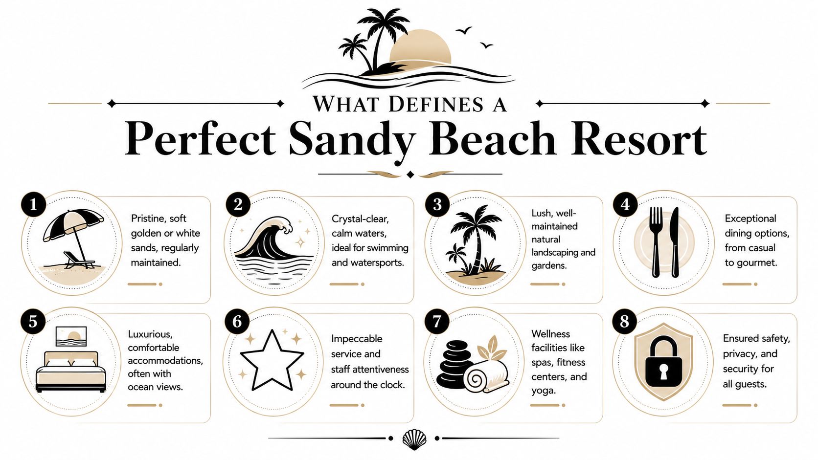 An infographic titled What Defines a Perfect Sandy Beach Resort listing eight key amenities and features.