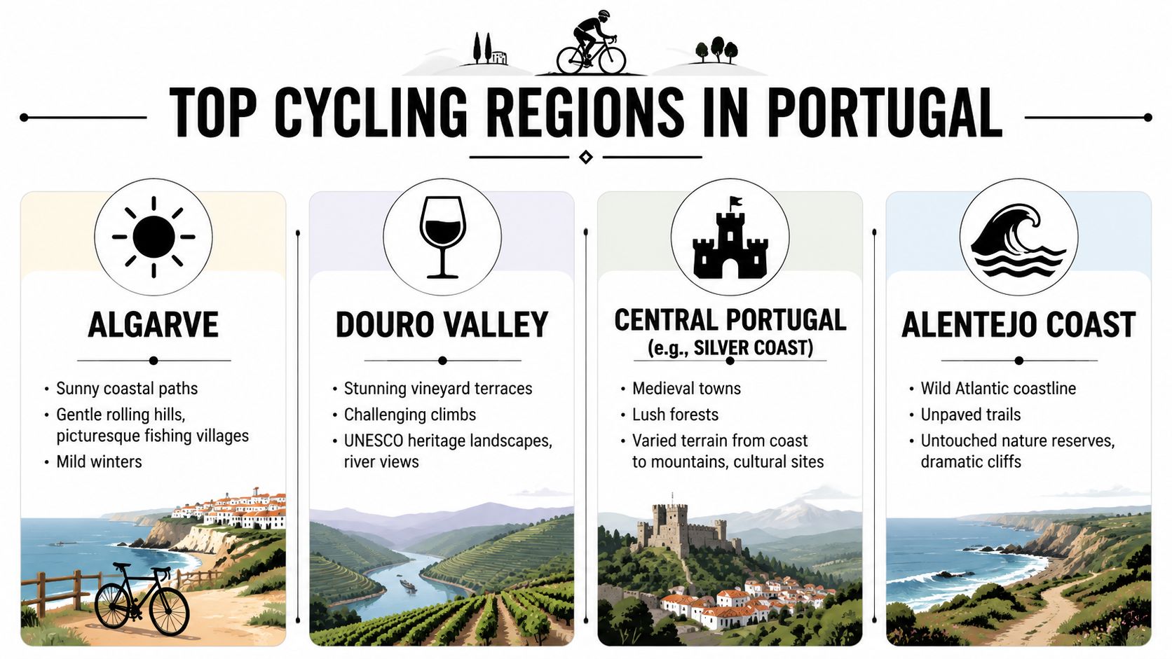An infographic titled Top Cycling Regions in Portugal highlighting Algarve, Douro Valley, Central Portugal, and Alentejo Coast.