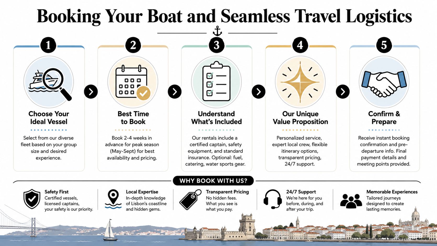 A step-by-step infographic illustrating the process of booking a boat rental for travel in Lisbon.