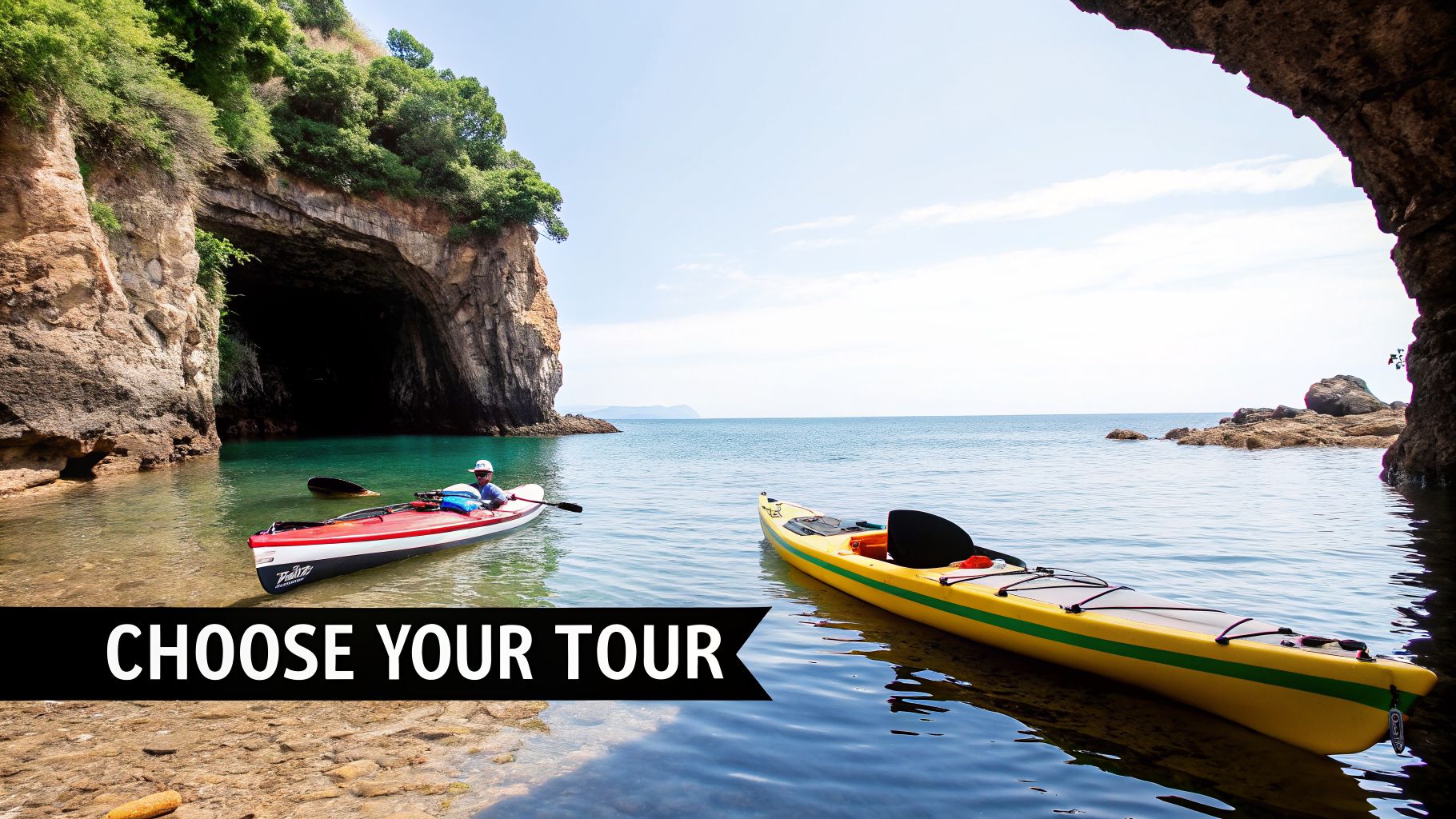 Kayakers exploring a beautiful sea cave with clear water and sunny skies, inviting adventure.