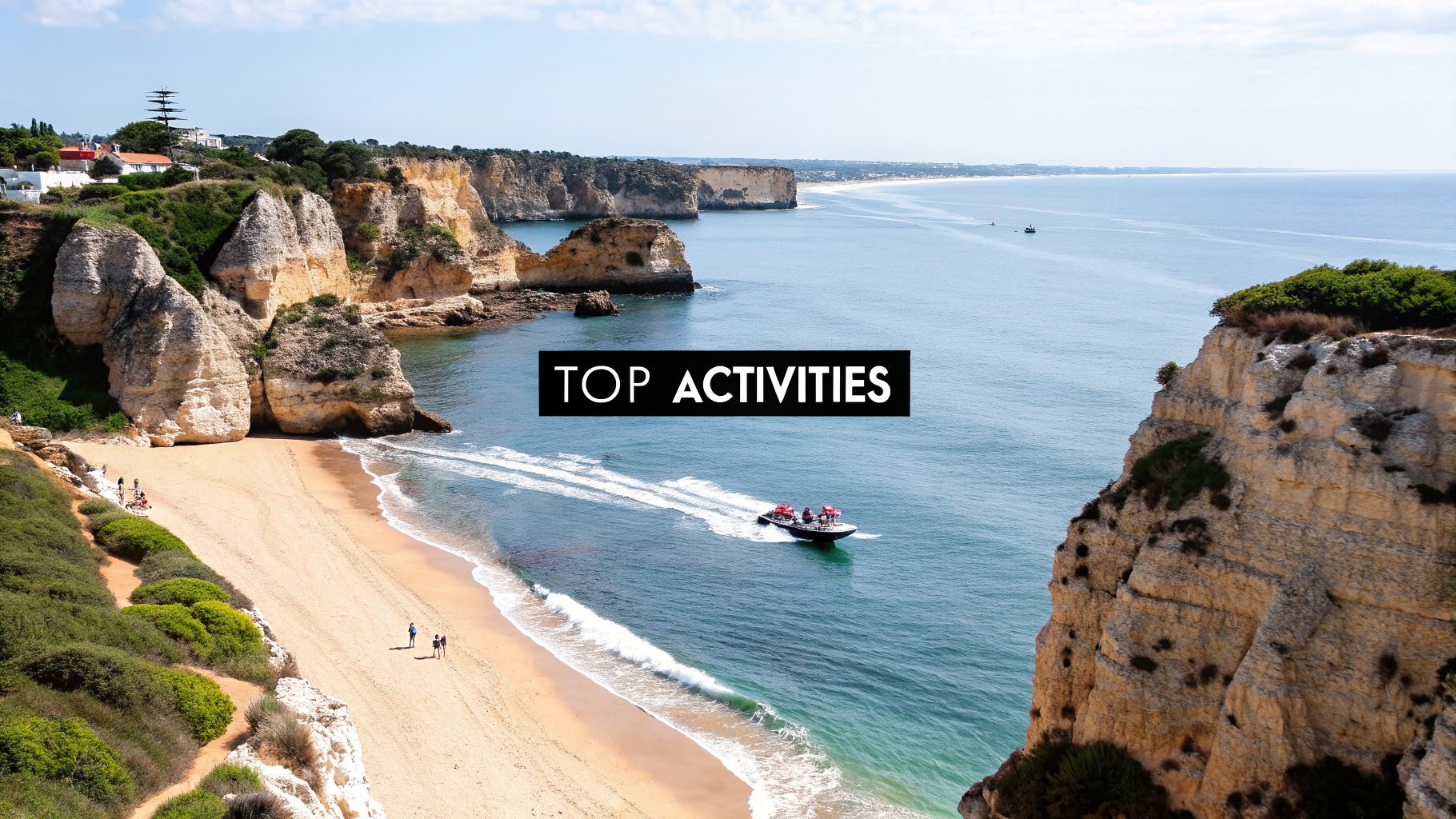 Stunning aerial view of Praia da Rocha beach, with towering golden cliffs and a boat on the blue ocean.
