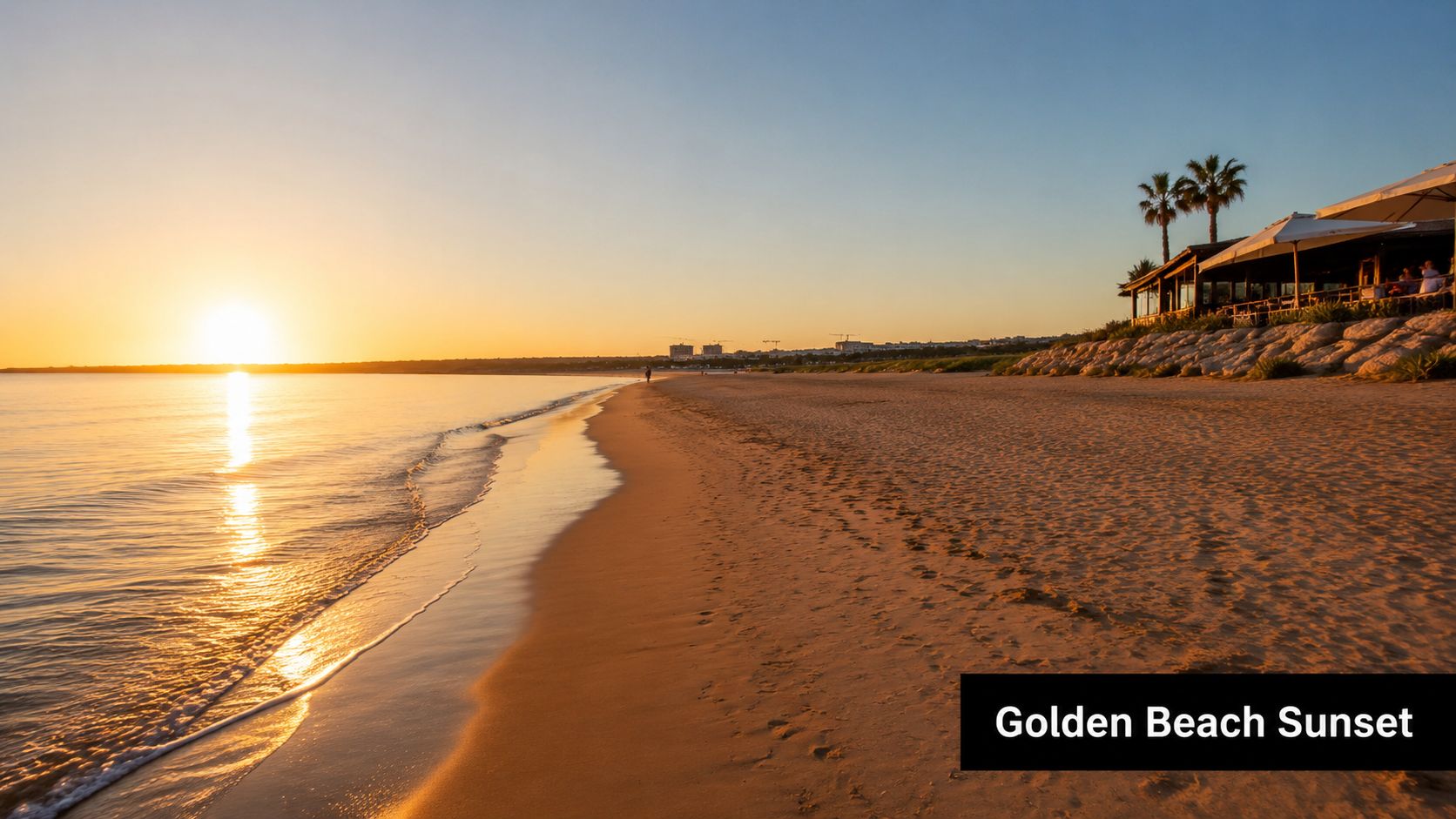 A serene sunset casting a golden glow over a sandy beach near a restaurant in Lagos.