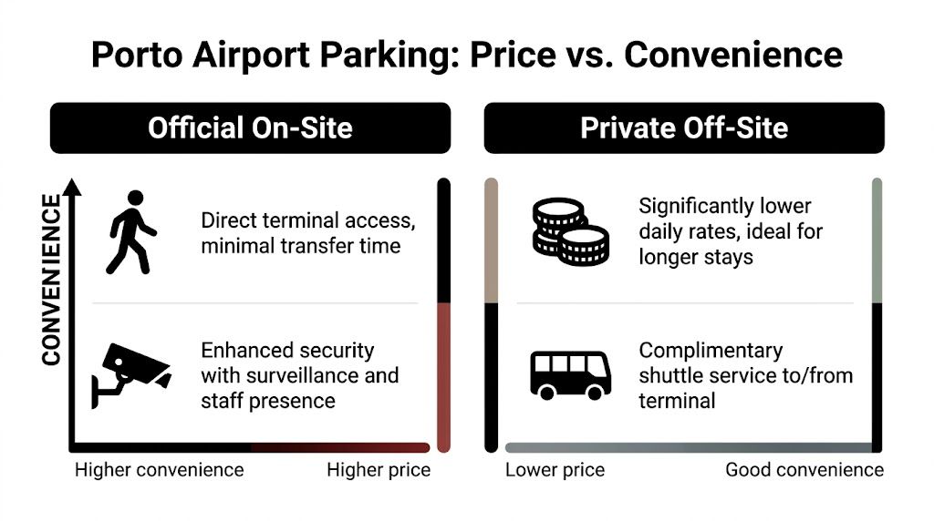 A comparison chart showing the trade-offs between official on-site and private off-site Porto Airport parking options.