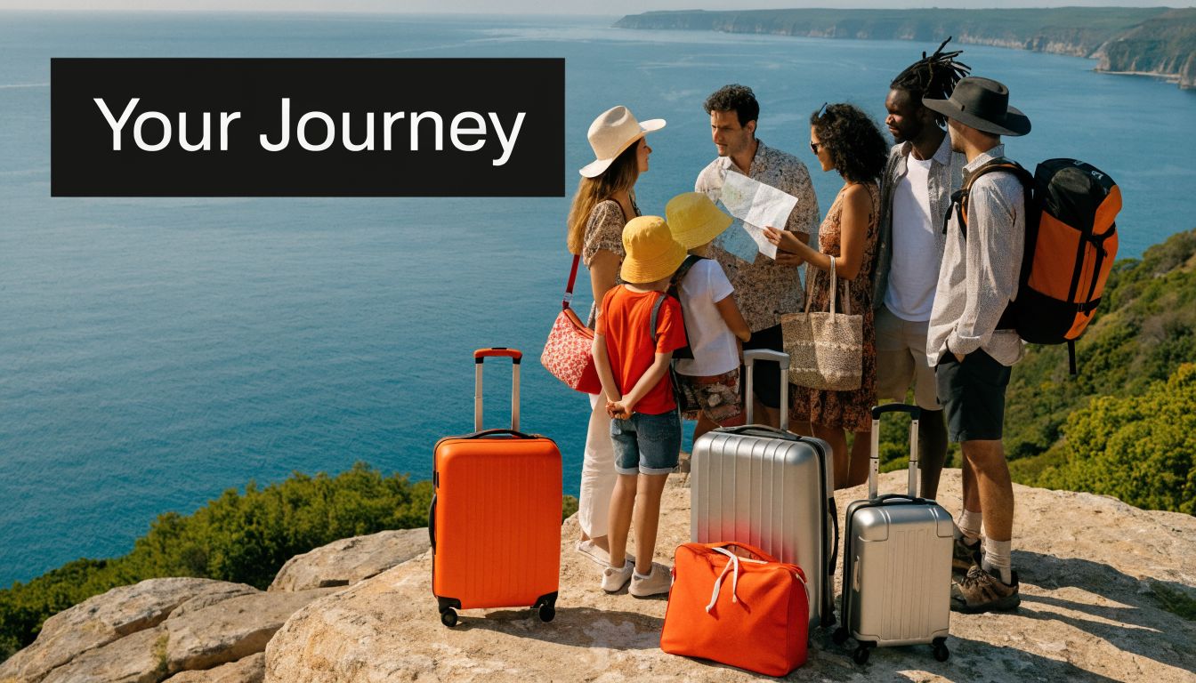 A diverse group of tourists looking at a map on a cliff overlooking the ocean.