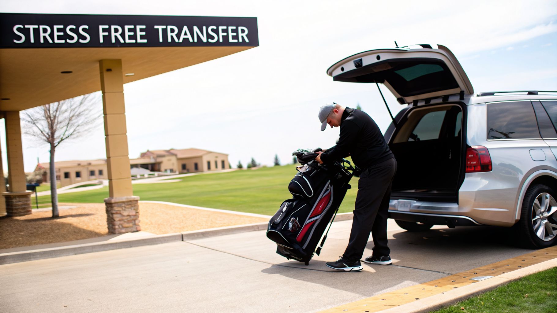 Man loading a golf bag into a silver SUV trunk at a golf club, with a "Stress Free Transfer" sign.
