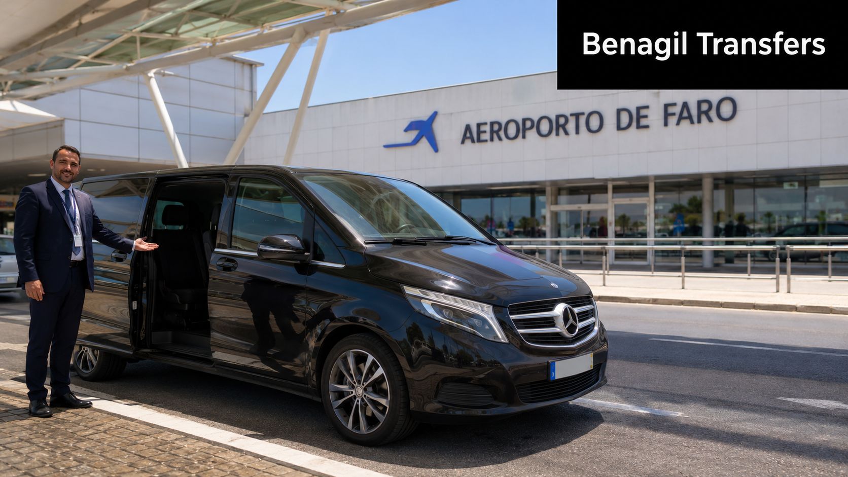 A professional driver standing next to a black luxury van outside Faro Airport in Portugal.