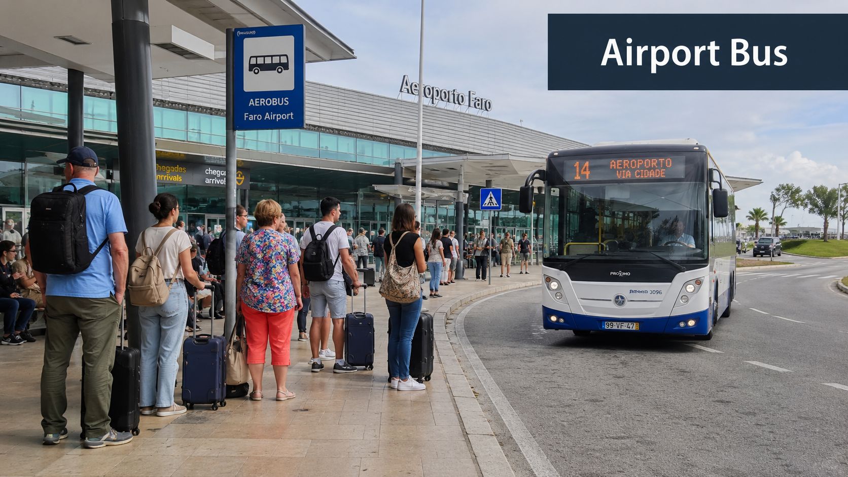 Passengers waiting at the Faro Airport bus stop for the Proximo public transit airport shuttle bus.
