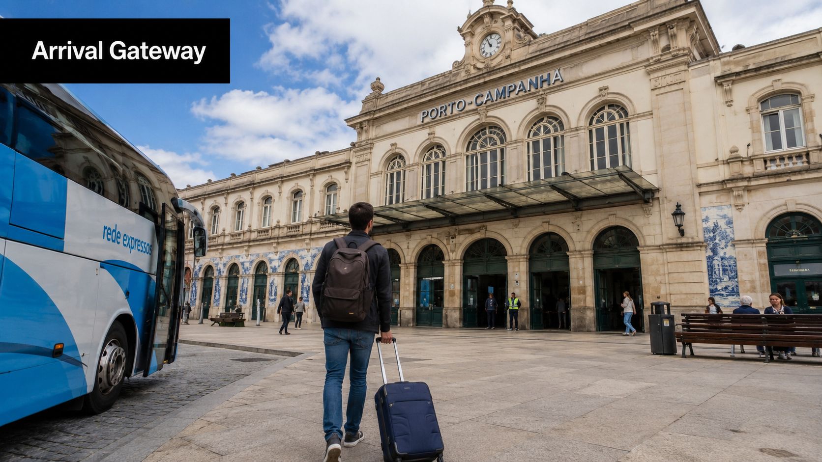 A traveler walking towards the Porto-Campanhã train station with a suitcase and backpack near a blue bus.