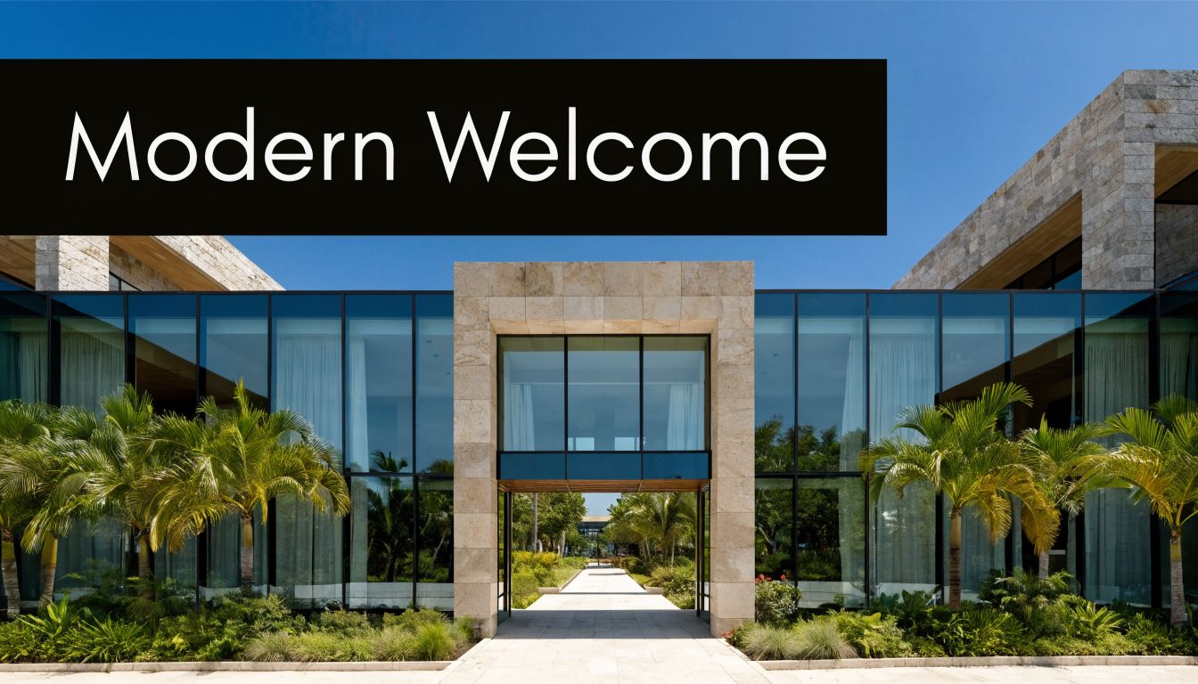 A modern resort entrance featuring a stone archway, glass facade, and tropical palm trees under blue sky.