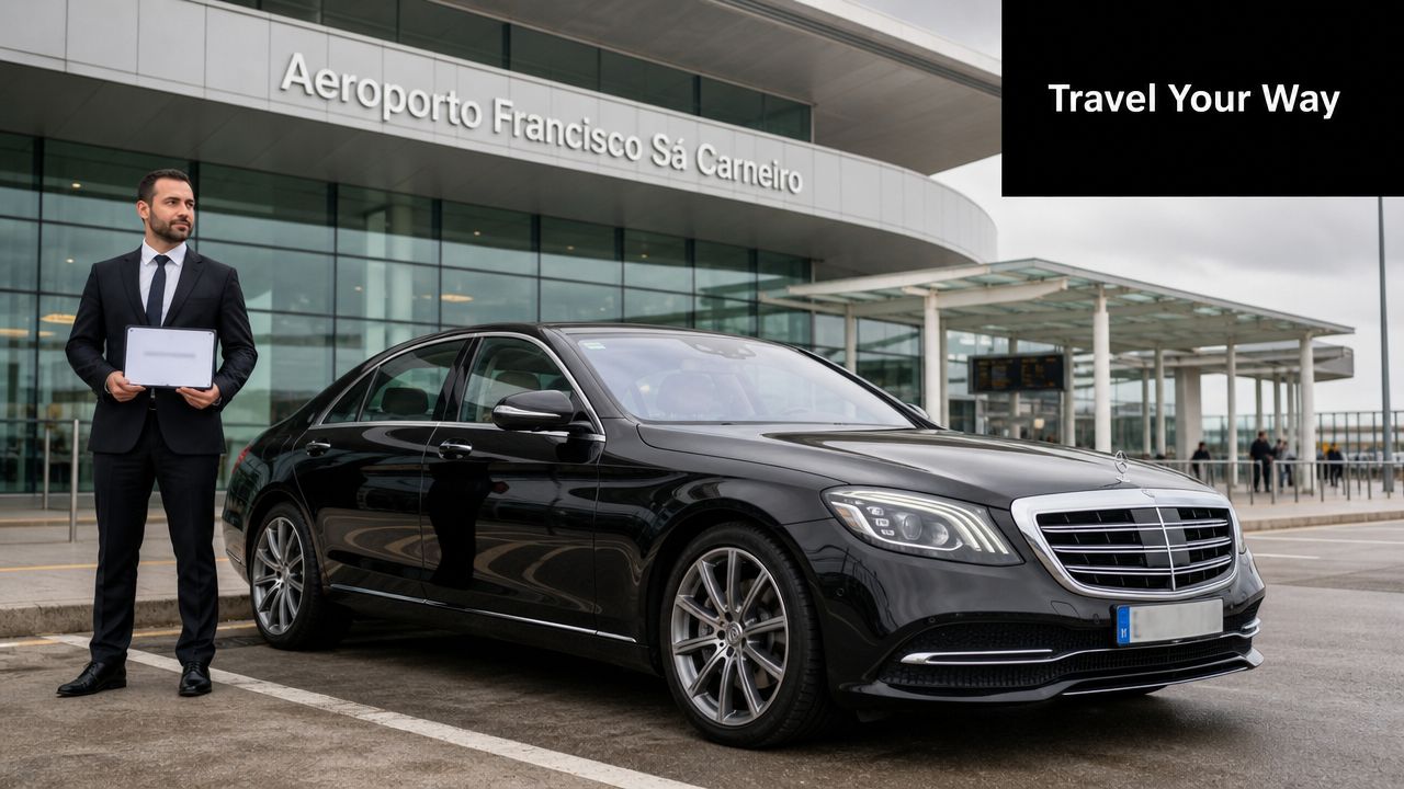 A professional chauffeur waiting with a luxury car outside Francisco Sá Carneiro Airport in Porto, Portugal.
