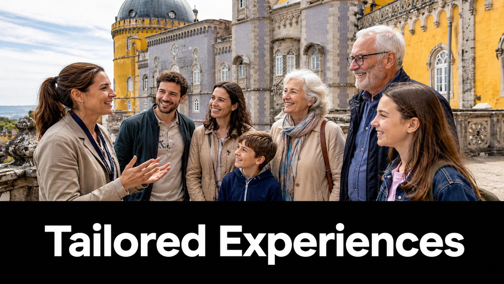 A professional tour guide interacts with a multi-generational family during a private tour at Pena Palace, Portugal.