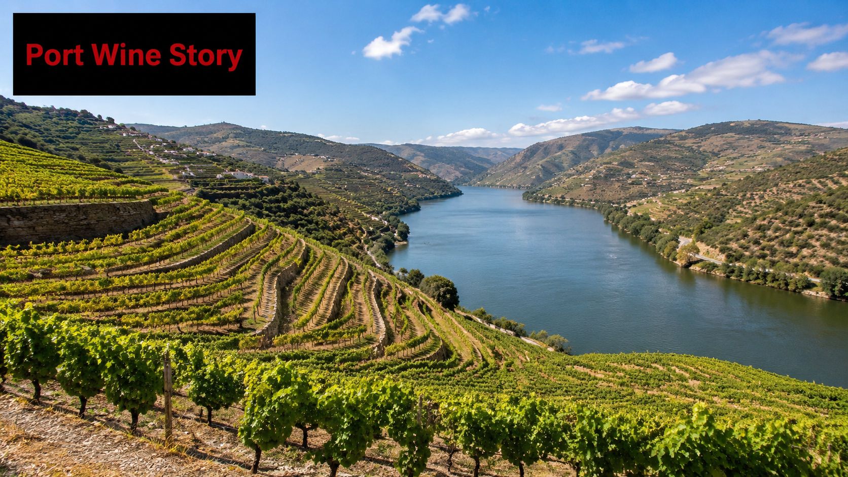 Terraced vineyards overlooking the Douro River in Portugal, famous for its world-renowned port wine production.