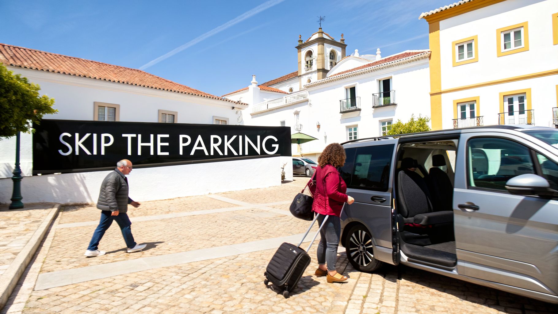A woman with luggage enters a silver minivan next to a 'SKIP THE PARKING' sign in a historic town.