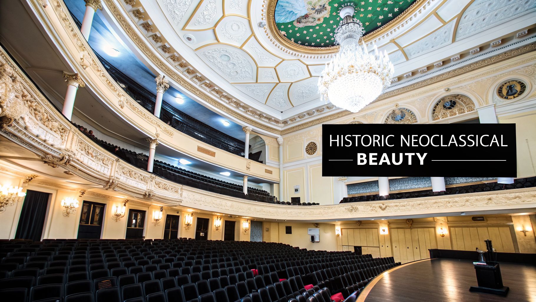 An opulent neoclassical theater interior with multiple tiers of decorative balconies and a grand chandelier.