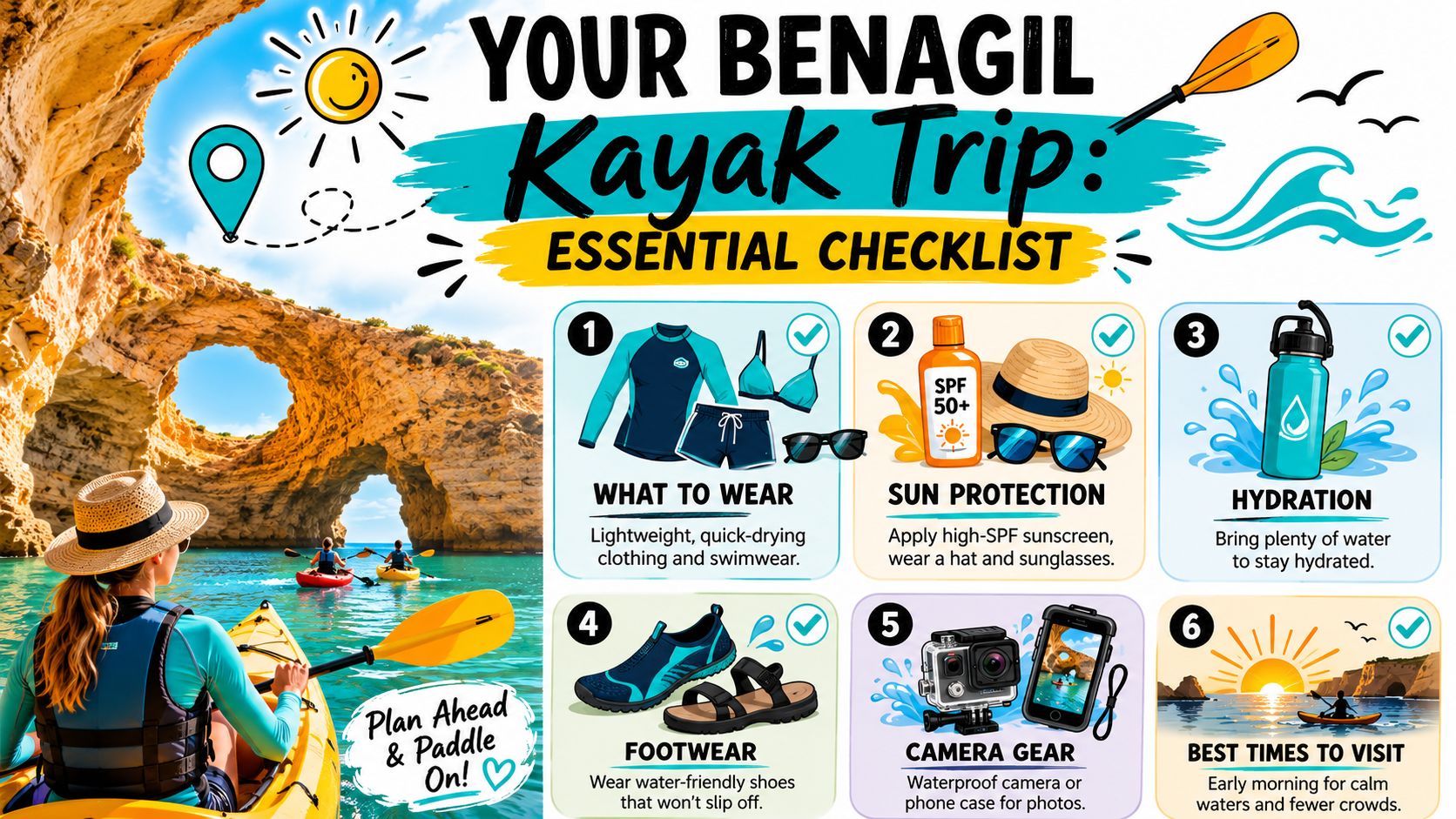 A checklist infographic illustrating essential items for a Benagil cave kayak trip, including gear and tips.