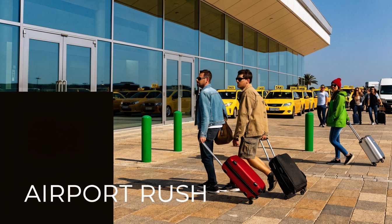 Travelers with suitcases walking in front of a modern airport terminal building with yellow taxis parked nearby.