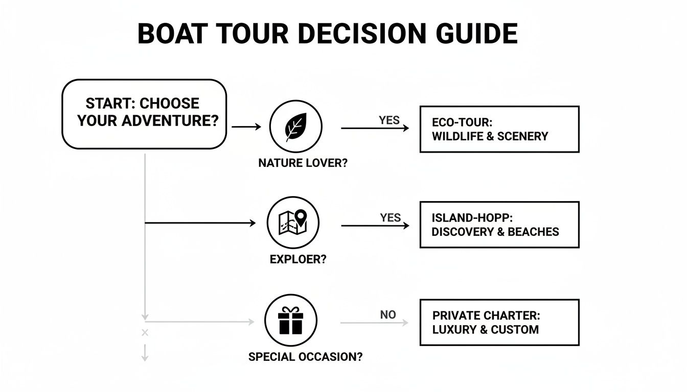 A decision guide flowchart illustrating boat tour options: eco, island-hopping, and private charters based on traveler interests.