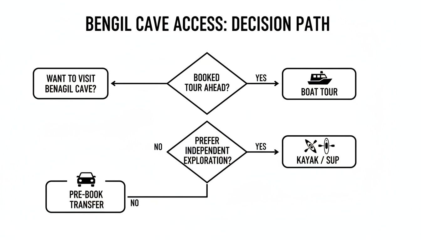 Flowchart detailing access options for Benagil Cave, including boat tours, kayak/SUP, or pre-book transfer.