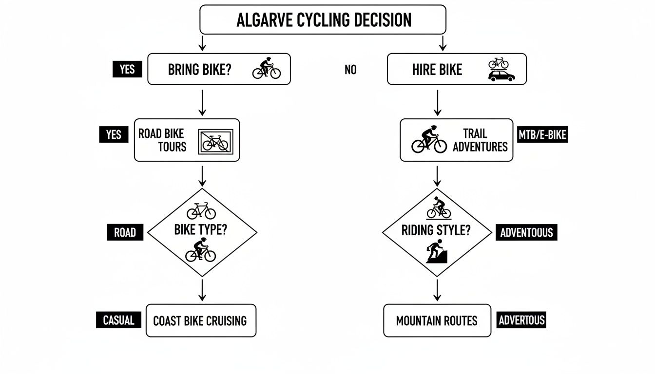 Flowchart for Algarve cycling decision, outlining choices for bringing or hiring a bike and various tour types.