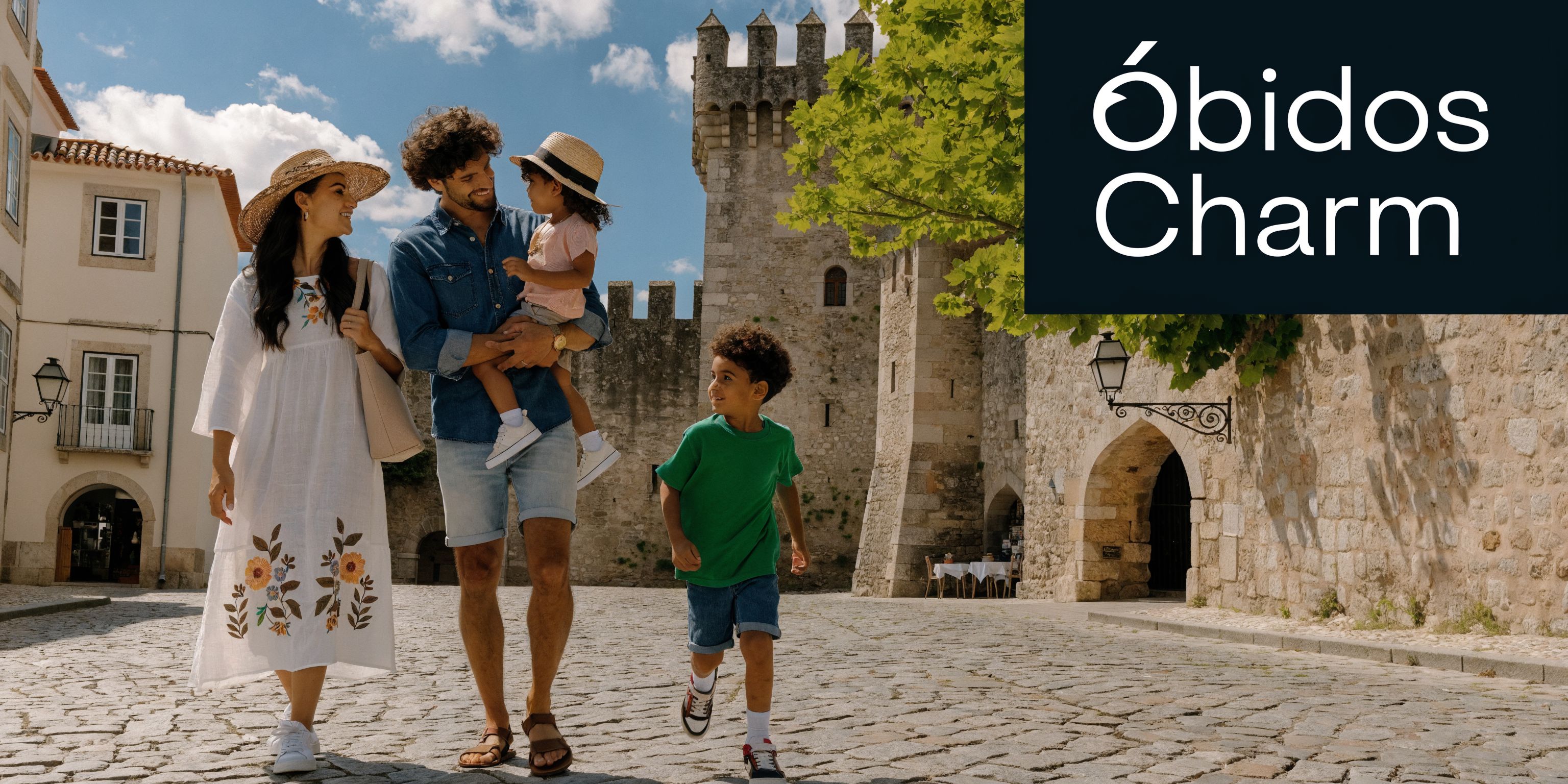 A happy family walking together on a cobblestone street in front of the historic Óbidos castle walls.